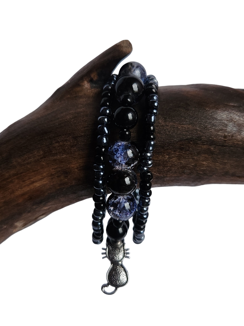 Handcrafted Black Agate and Blue Glass Beaded Bracelet Set With Cat Charm